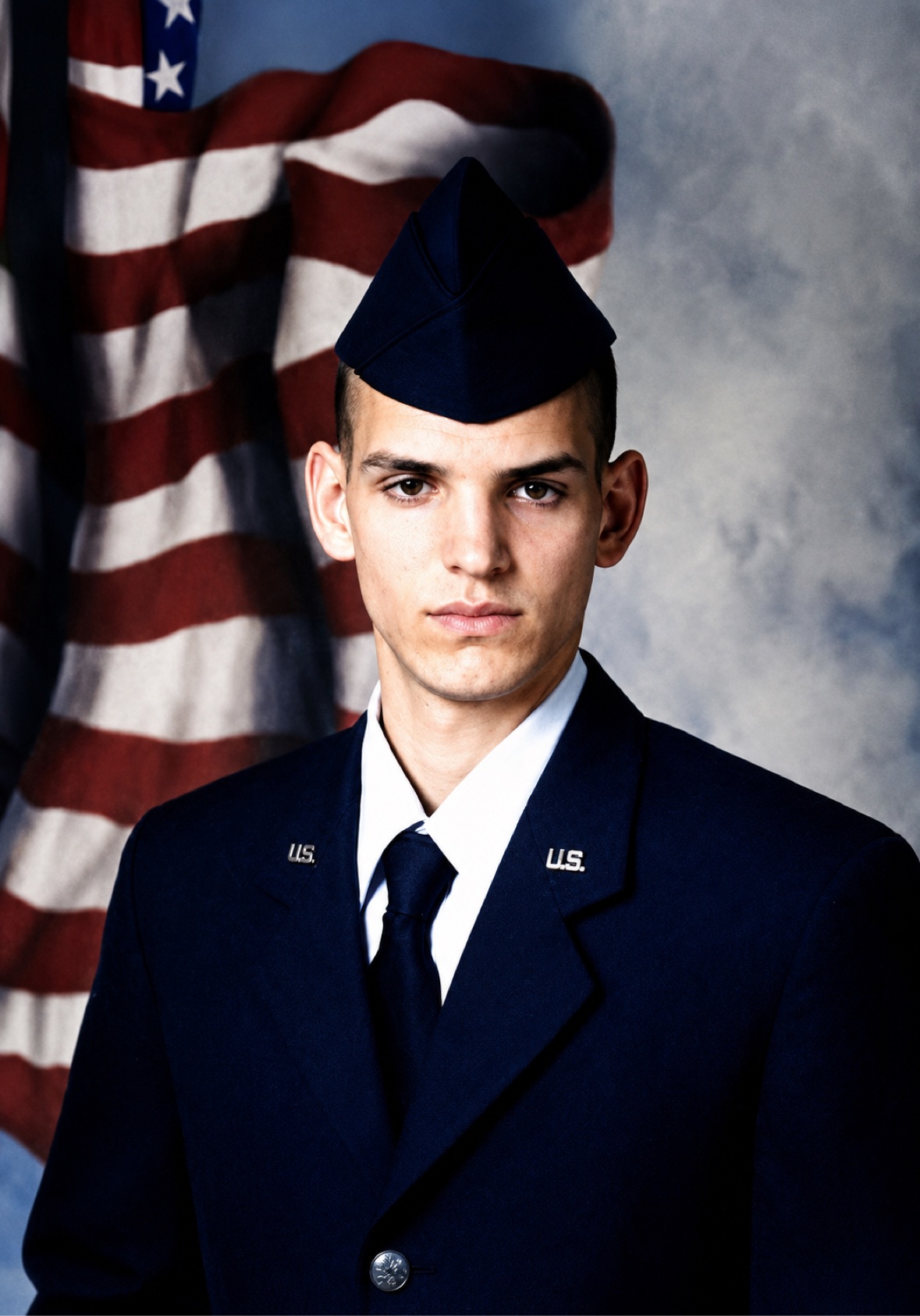 Portrait of Jason McClaren in Air Force dress blues in front of the American flag